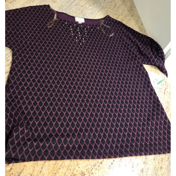 New! ECI Size L Sweater Black Purple Embellished Neck Rhinestone Geometric - Picture 7 of 16